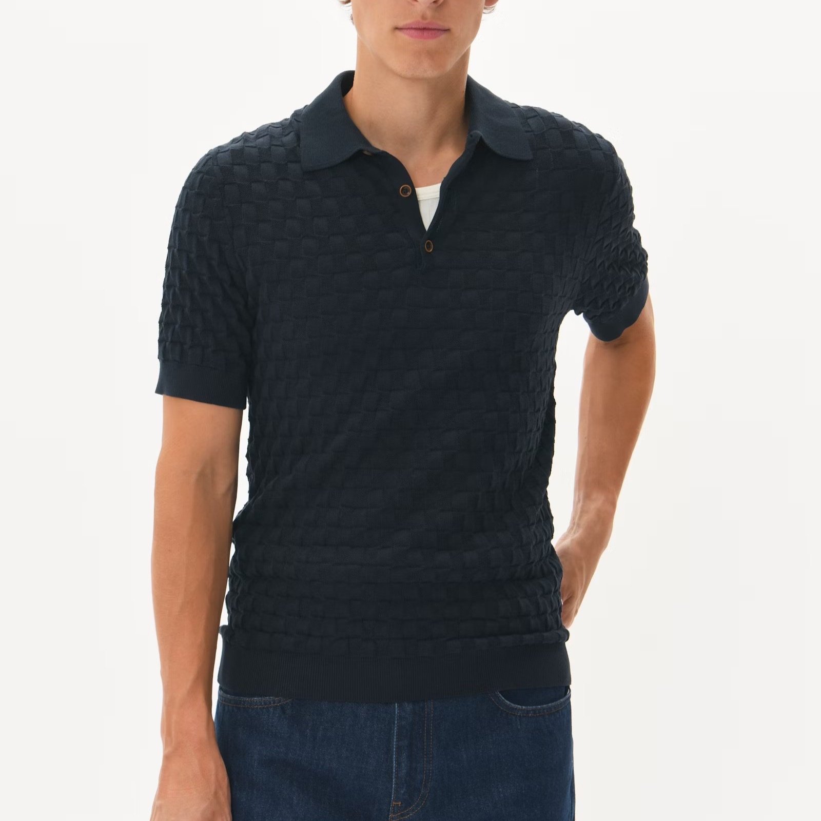 Full View of Model in Matinique Slim Fit Texture Polo in Navy