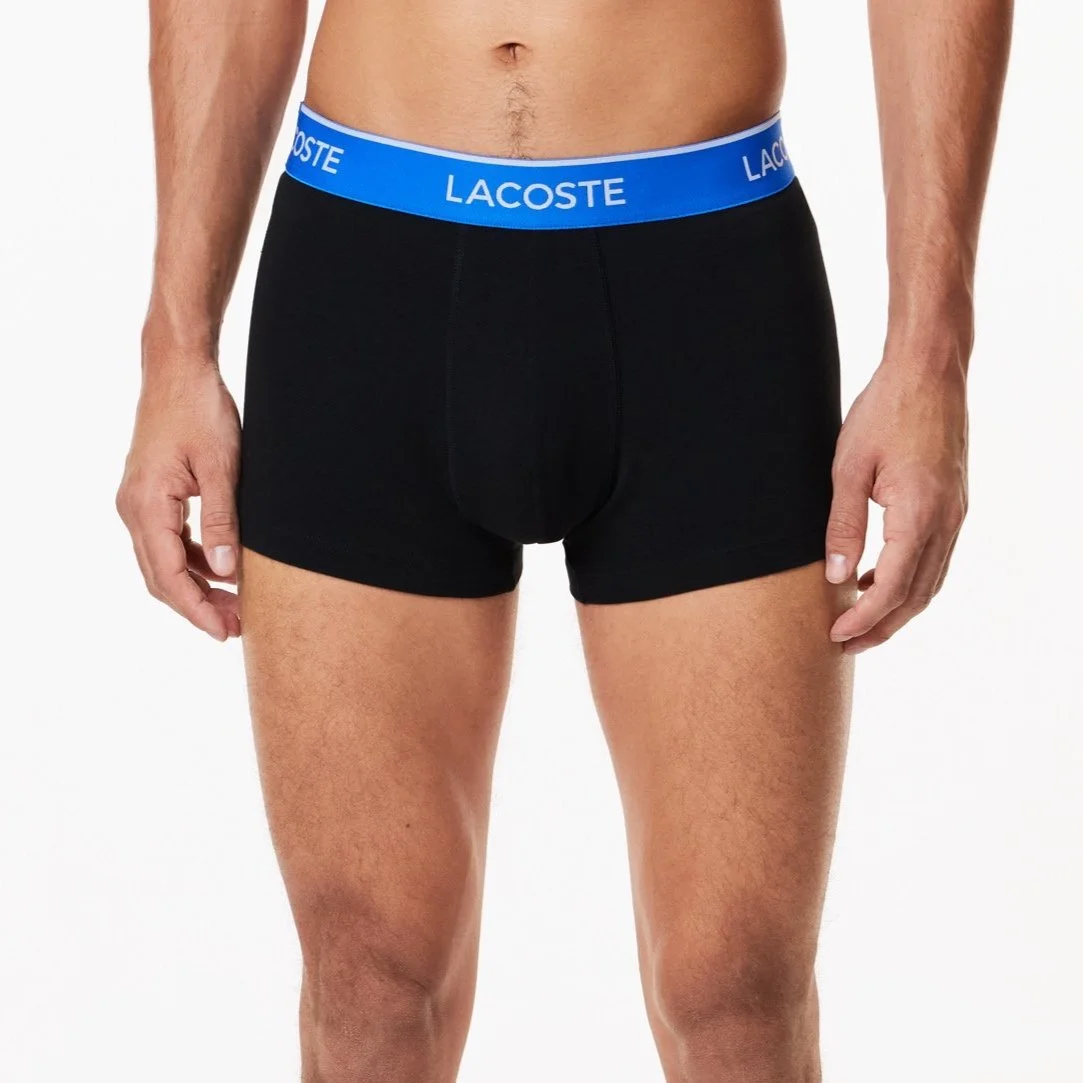 Full View of Model in Lacoste 3 Pack Trunks in Black Mix