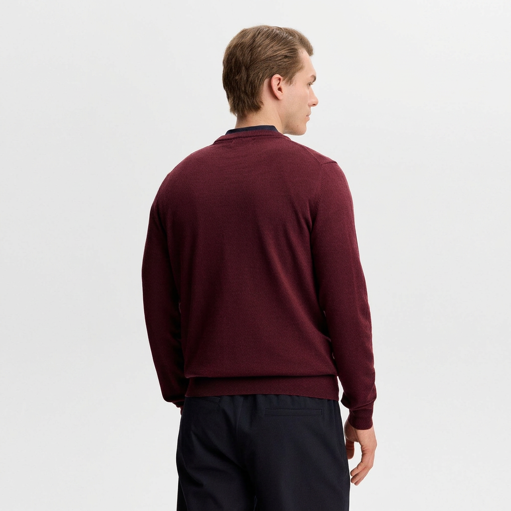 Back View of Model in J Lindeberg Keane Merino Wool Crew Neck Jumper in Burgundy