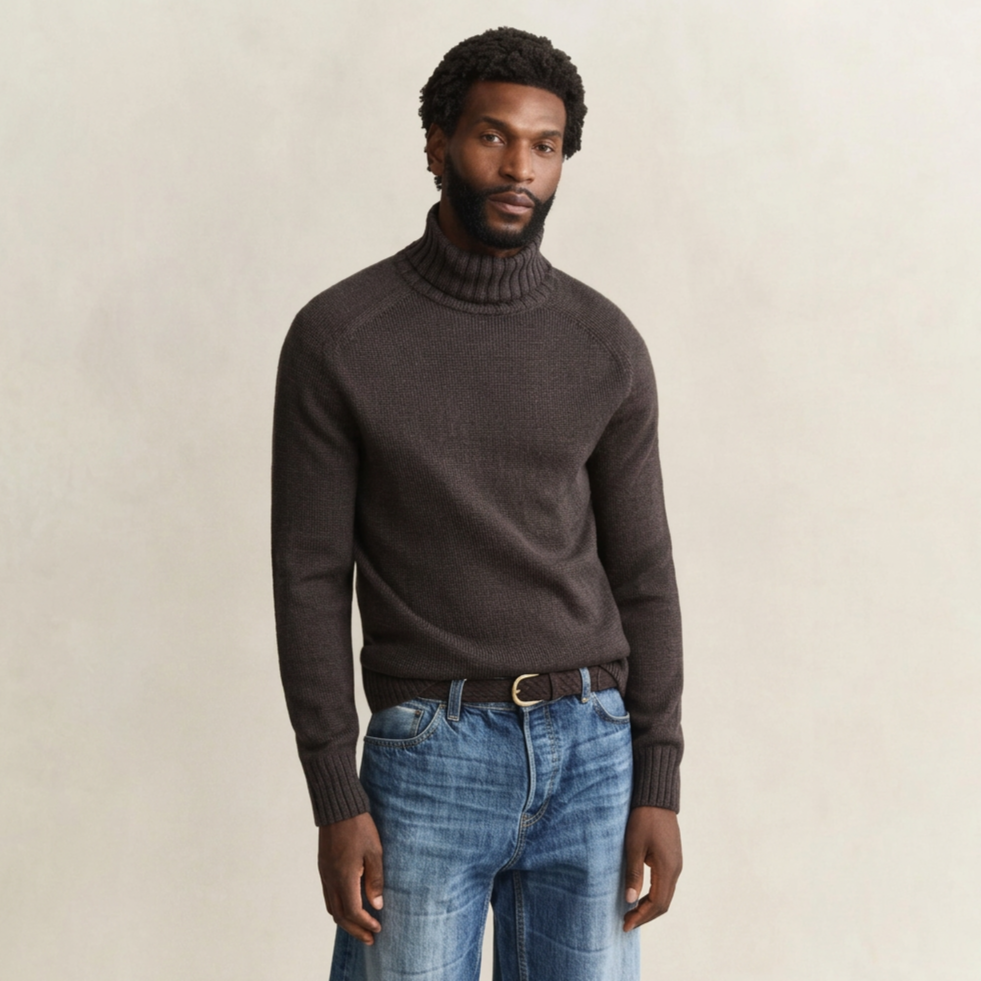 Front view of Model in GANT Wool Blend Mouline Roll Neck in Evening Blue and Brown