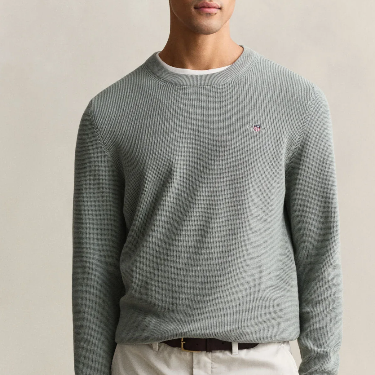 Model View of GANT Texture Cotton Jumper in Soft Green
