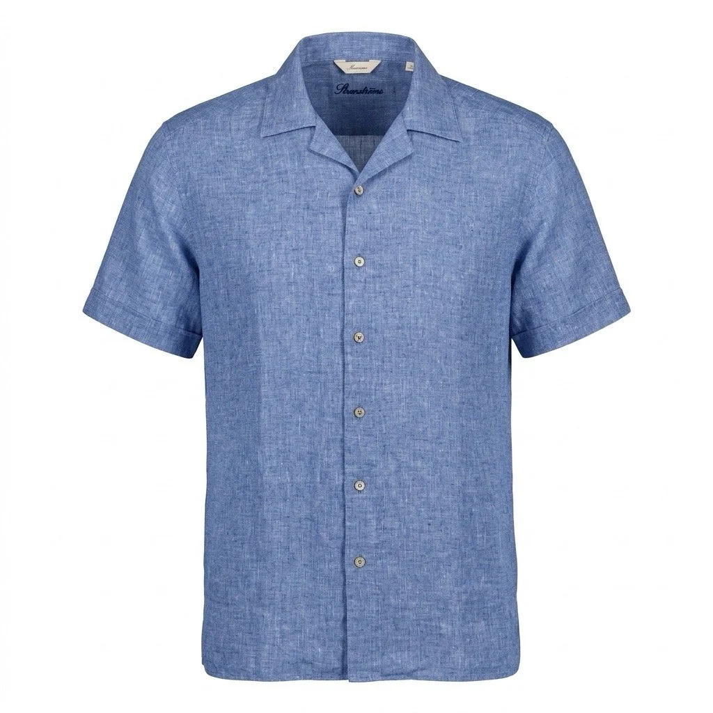 Flat View of Stenstroms Luxury Slim Fit Short Sleeve Linen Shirt in Blue