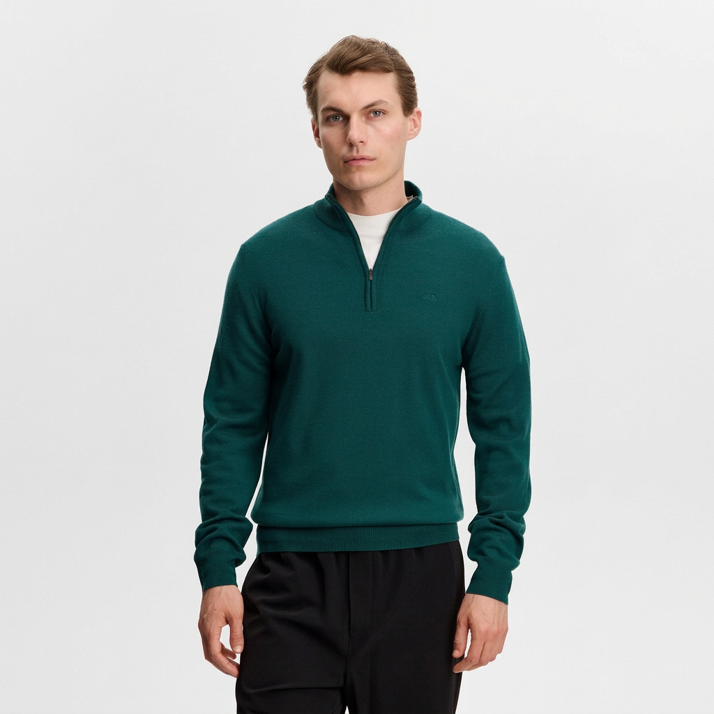 Front View of Model in J Lindeberg Kiyan Merino Wool Half-Zip Jumper in Forest Green