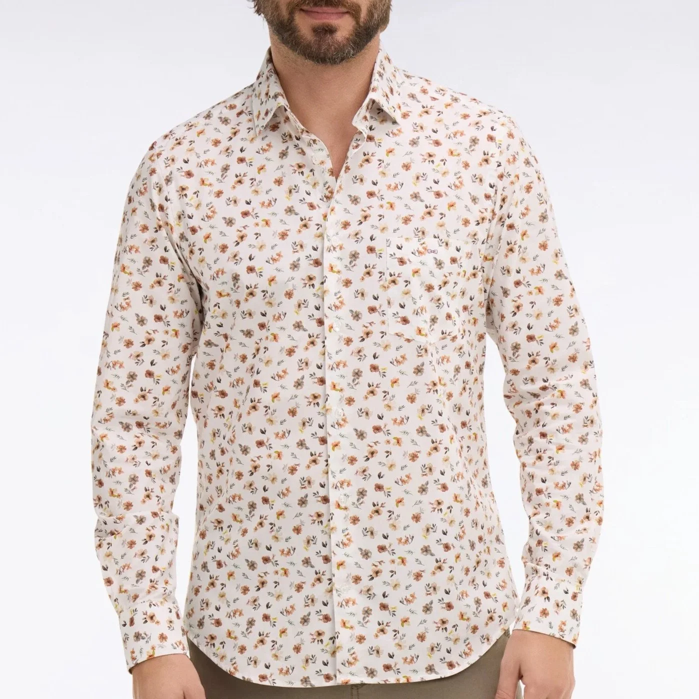 Model View of Eden Park Slim Fit Floral Shirt in White and Brown