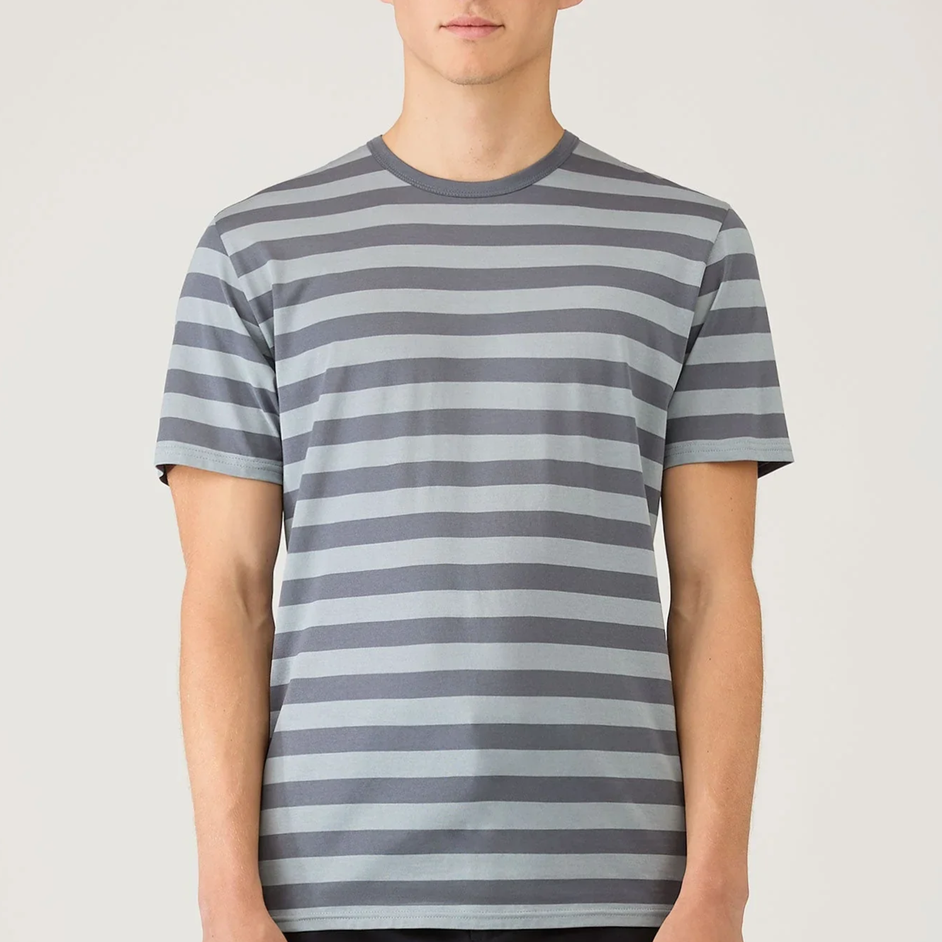 Model View of Sunspel Luxury Stripe T Shirt in Blue and Light Blue