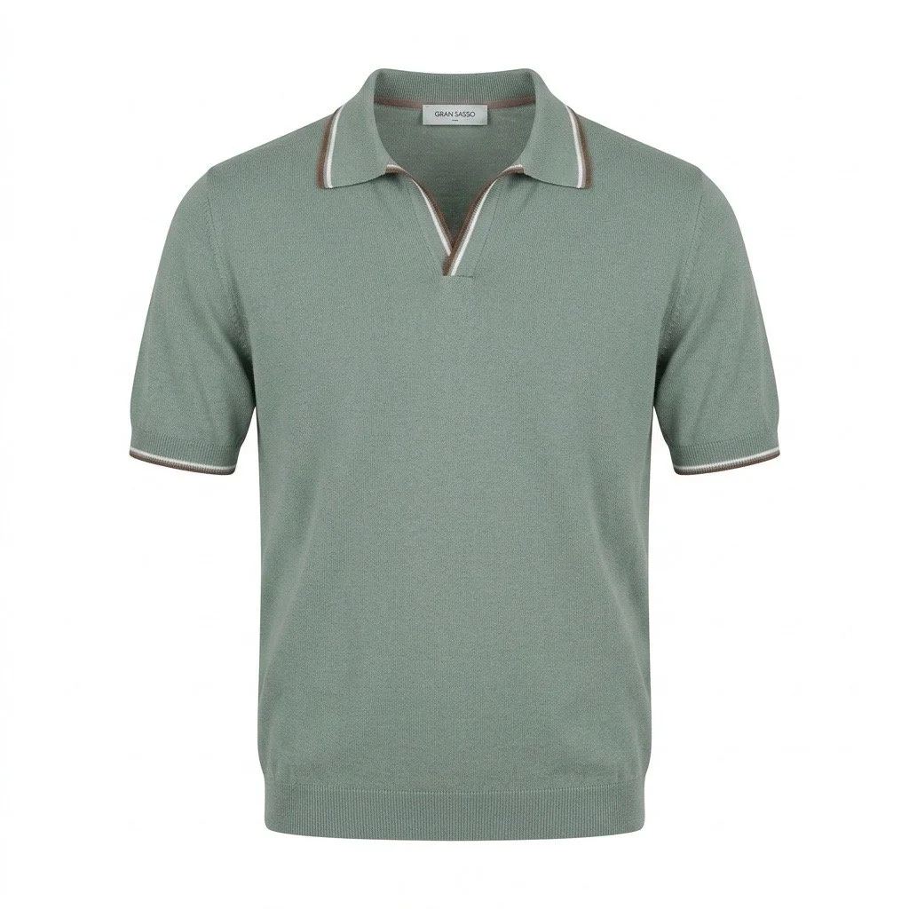 Flat View of Gran Sasso Luxury Stripe Collar Knitted Polo in Soft Green