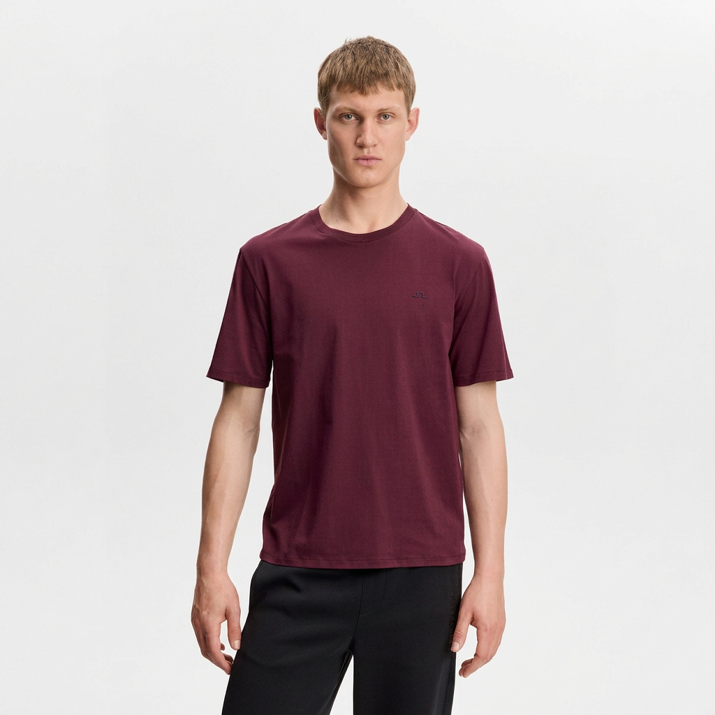 Front View of Model in J Lindeberg Alpha T Shirt in Burgundy