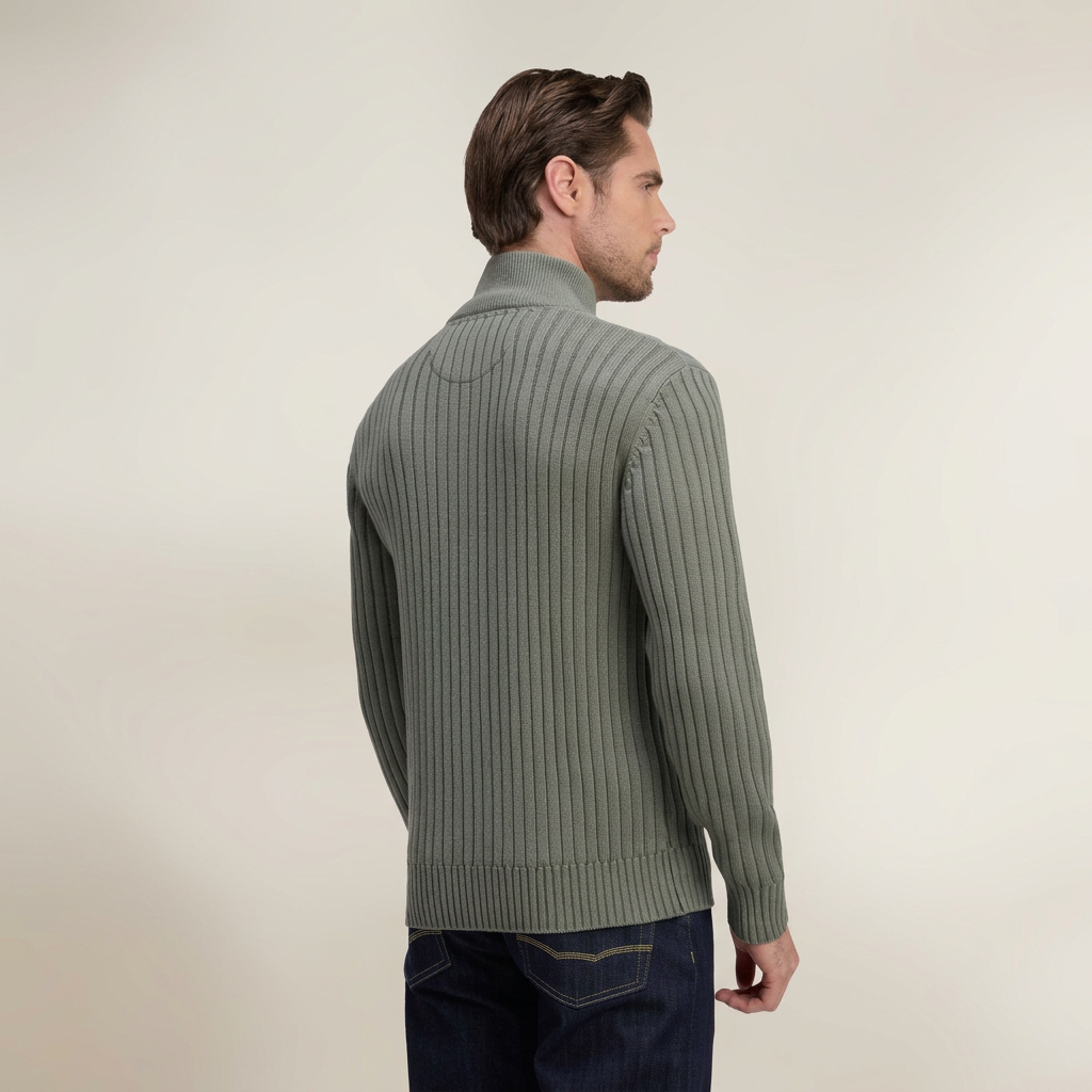 Back Model View in Eden Park Zip Cardigan in Khaki Green