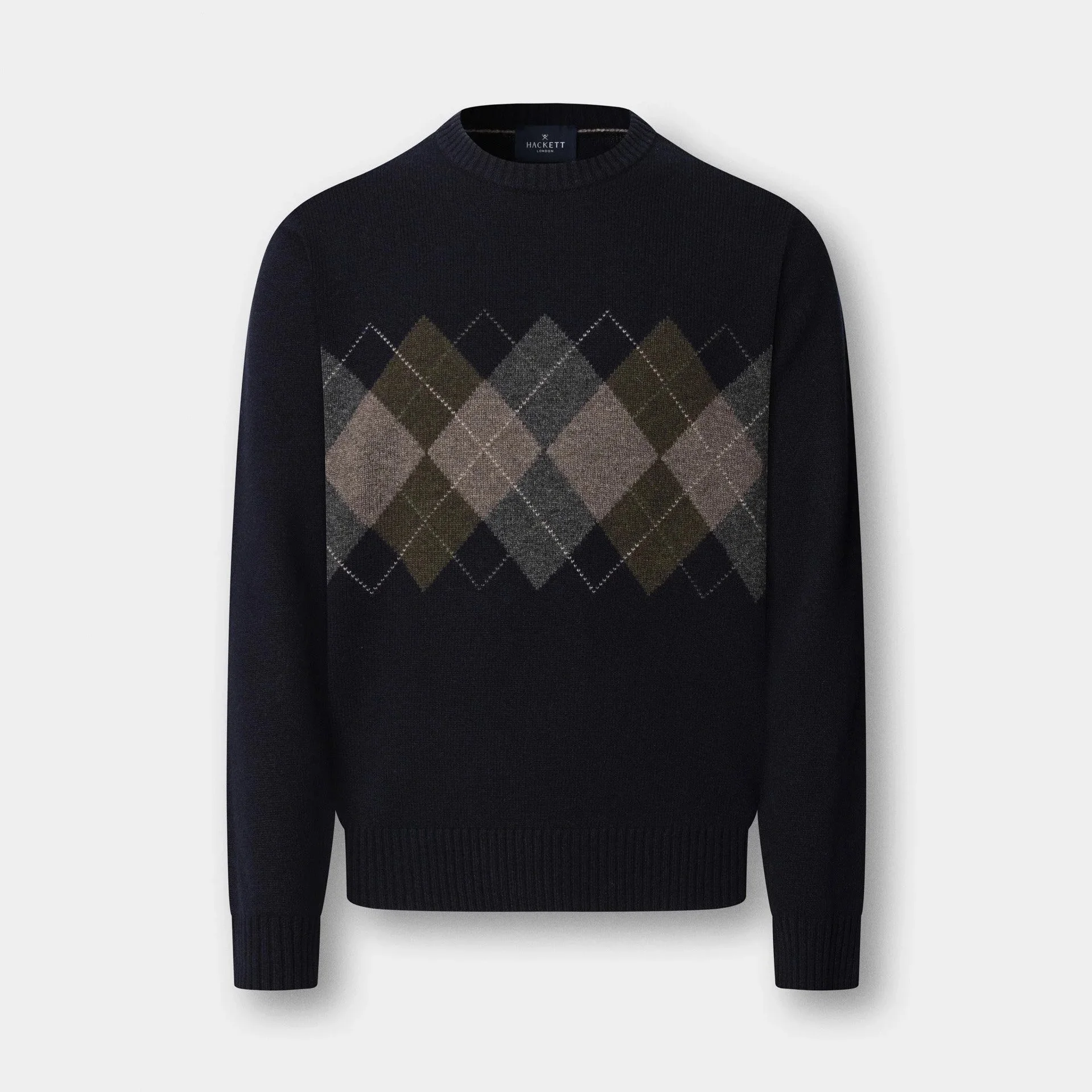 Flat View of Hackett Merino Argyle Pattern Jumper in Navy and Multi