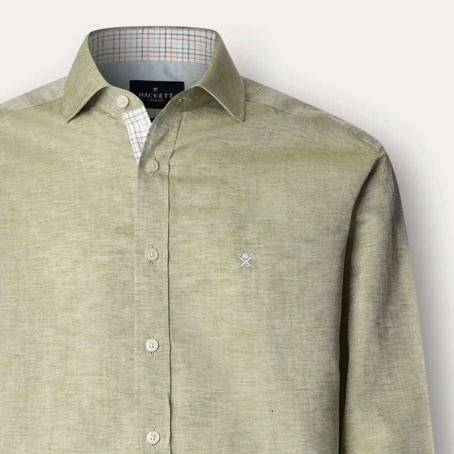Close View of Hackett Slim Fit Cotton and Linen Shirt in Green