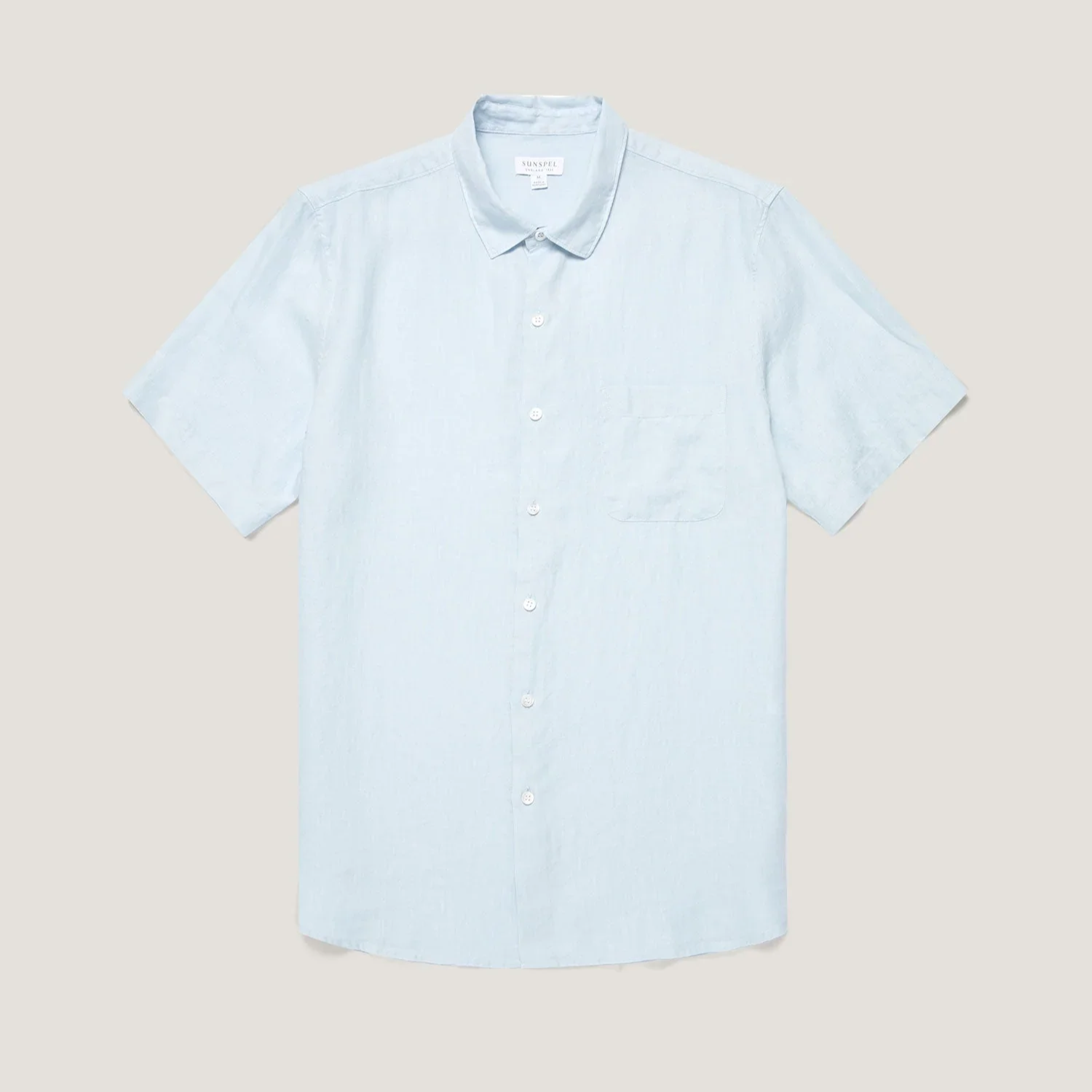 Flat View of Sunspel Luxury Linen Short Sleeve Shirt in Light Blue