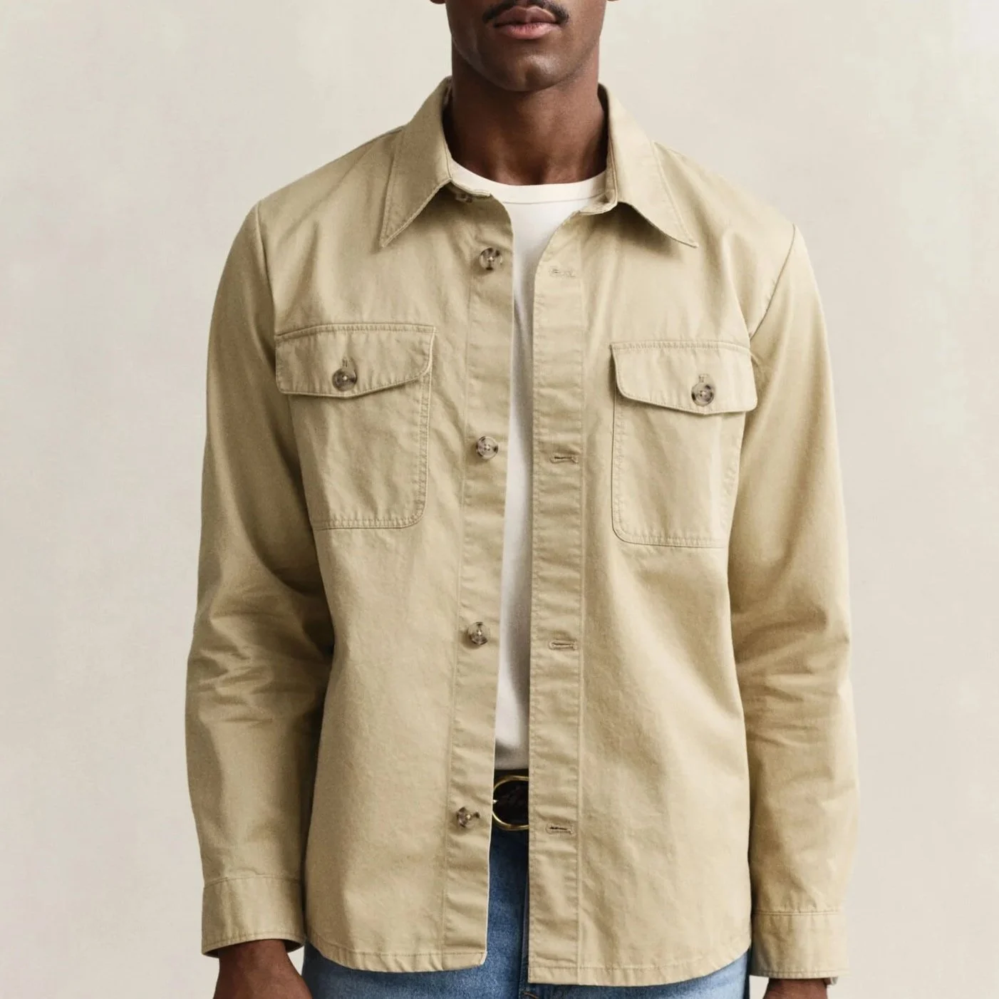 Model View of GANT Cotton Twill Overshirt in Sand