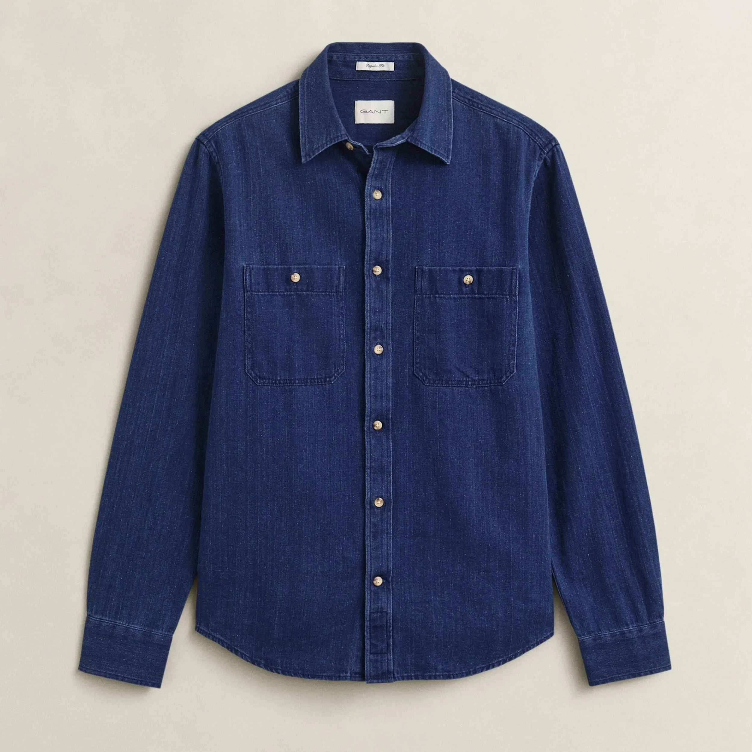 Flat View of GANT Regular Fit Indigo Herringbone Shirt in Mid Blue