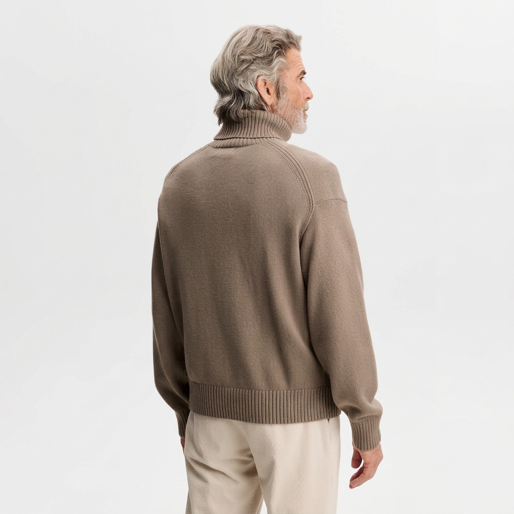 Back View of Model in J Lindeberg Eddy Knitted Roll Neck Jumper in Sand