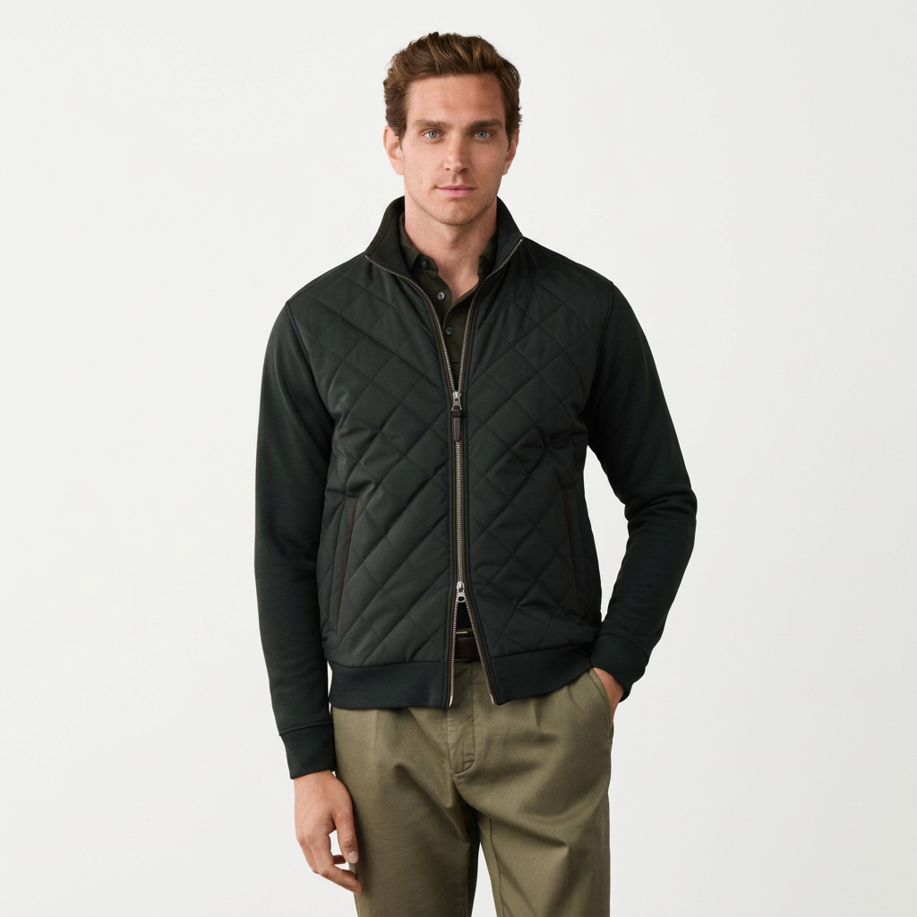 Front View of Model in Full Zip Hybrid Jacket in Hunter Green