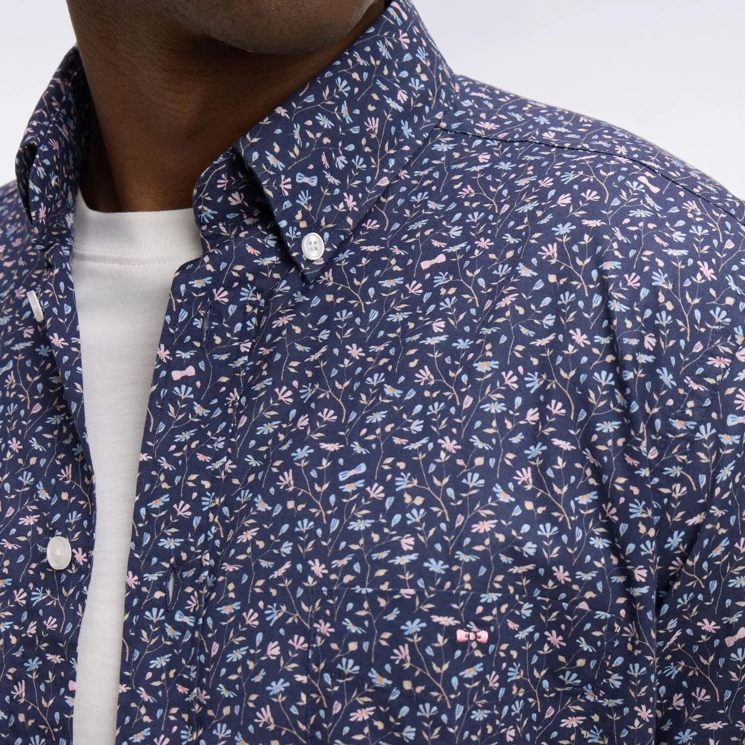 Close View of Eden Park Floral Shirt in Navy and Pink