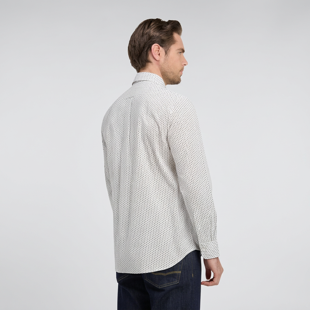 Back View of Model in Eden Park Micro Pattern Poplin Shirt in White and Blue