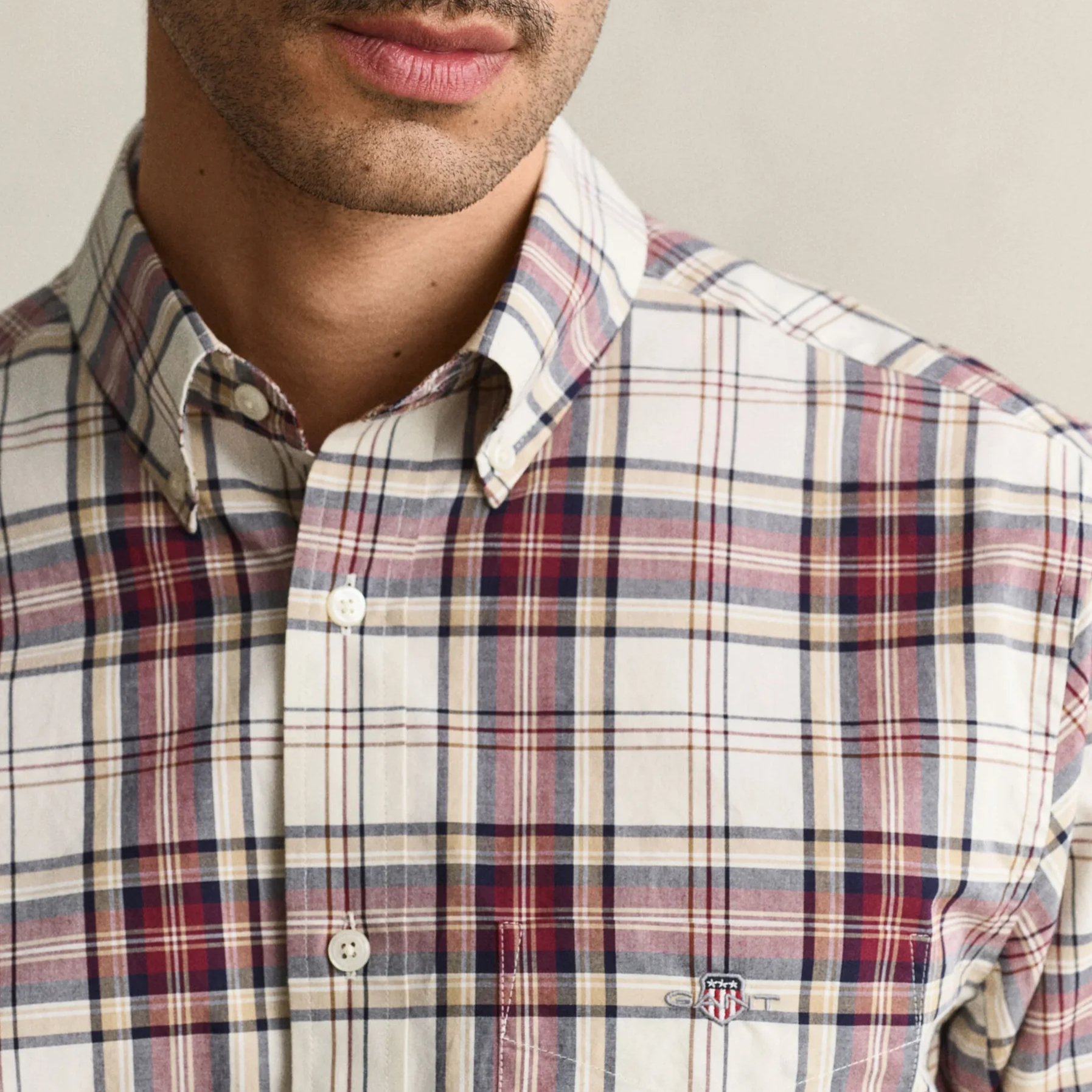 Close View of Model in GANT Regular Fit Poplin Check Shirt in Deep Grape Wine and Cream