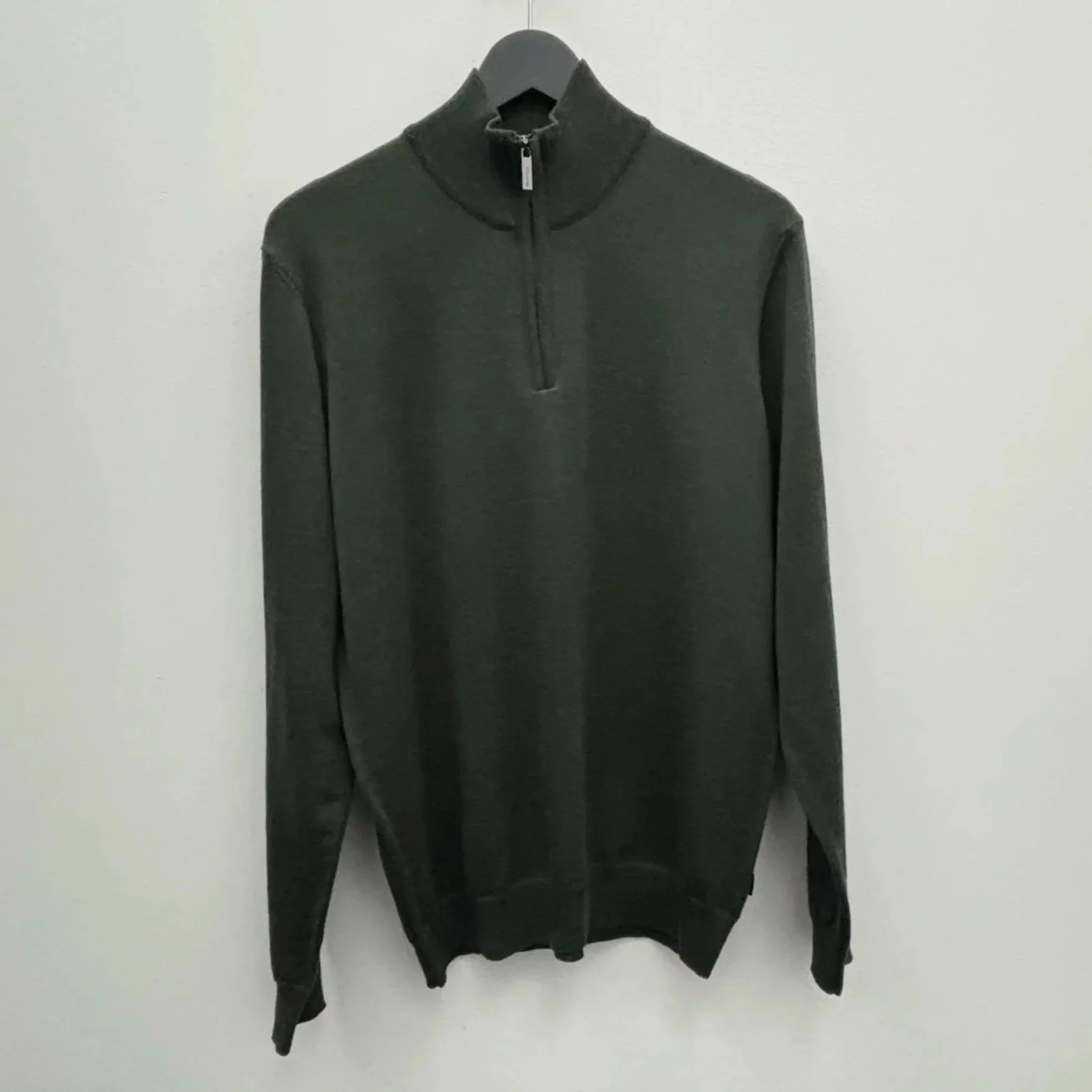 Flat View of SAND Copenhagen Merino Half Zip Jumper in Dark Green