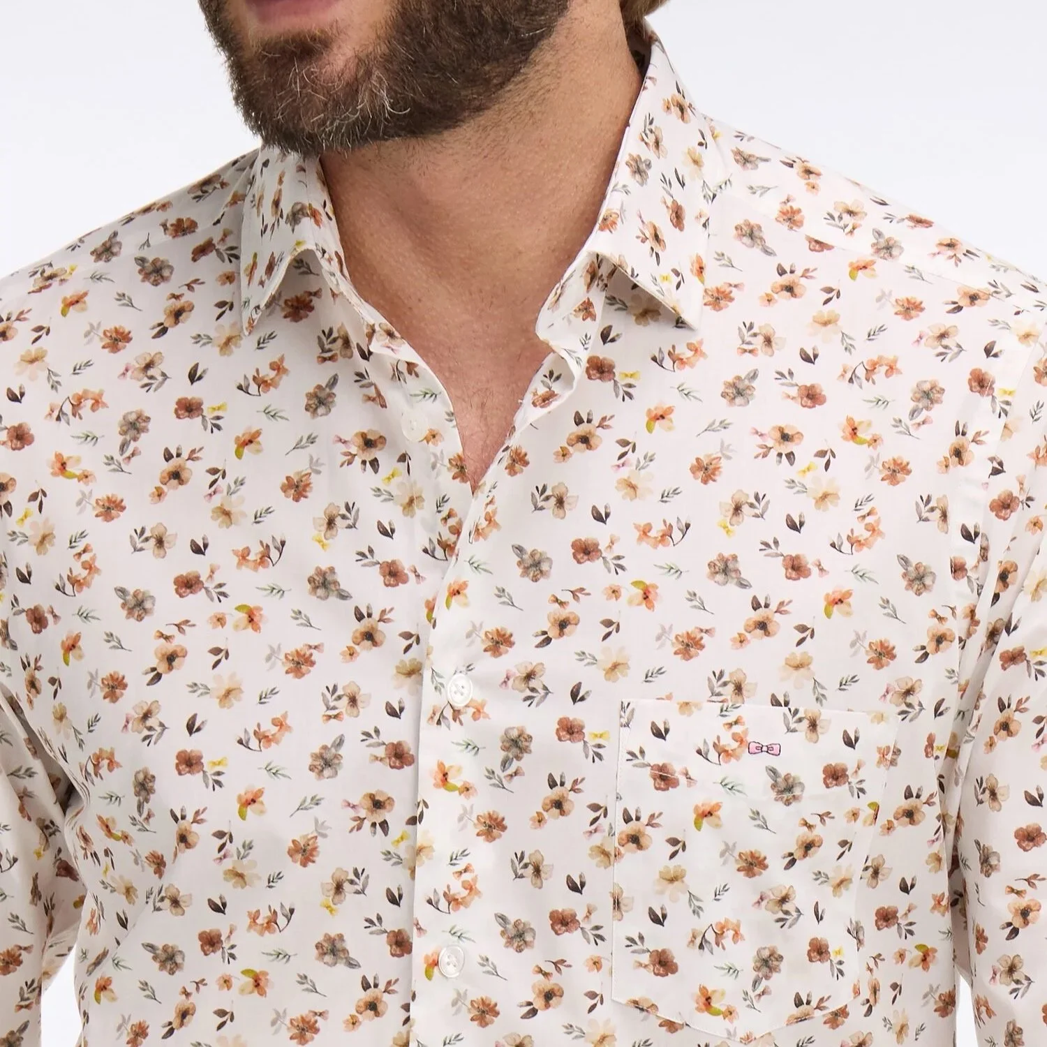 Close View of Eden Park Slim Fit Floral Shirt in White and Brown