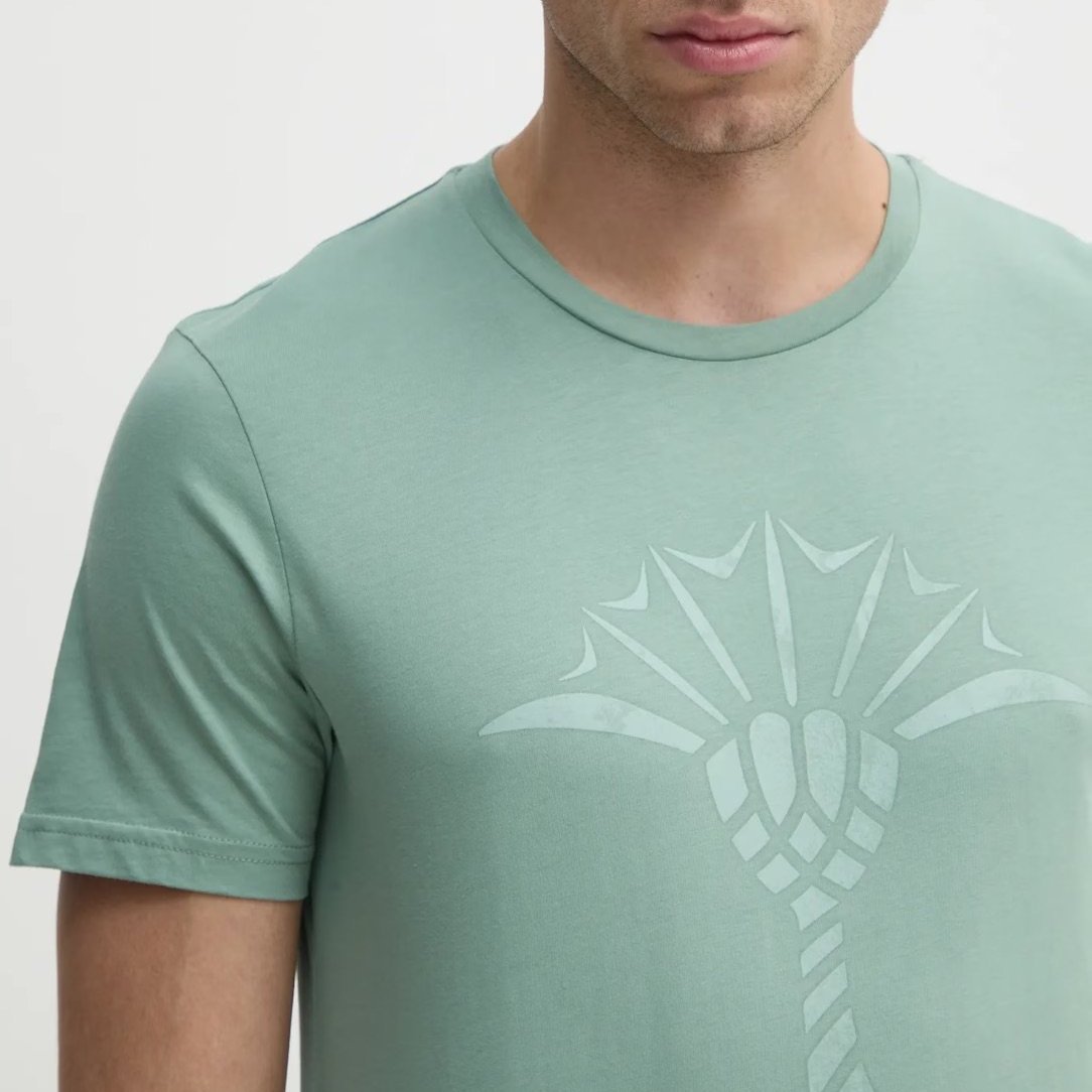Close view of Model in JOOP Logo T Shirt in Soft Green