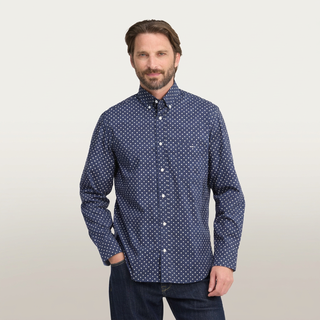 Front View of Model in Eden Park Floral Cotton Shirt in Blue and White
