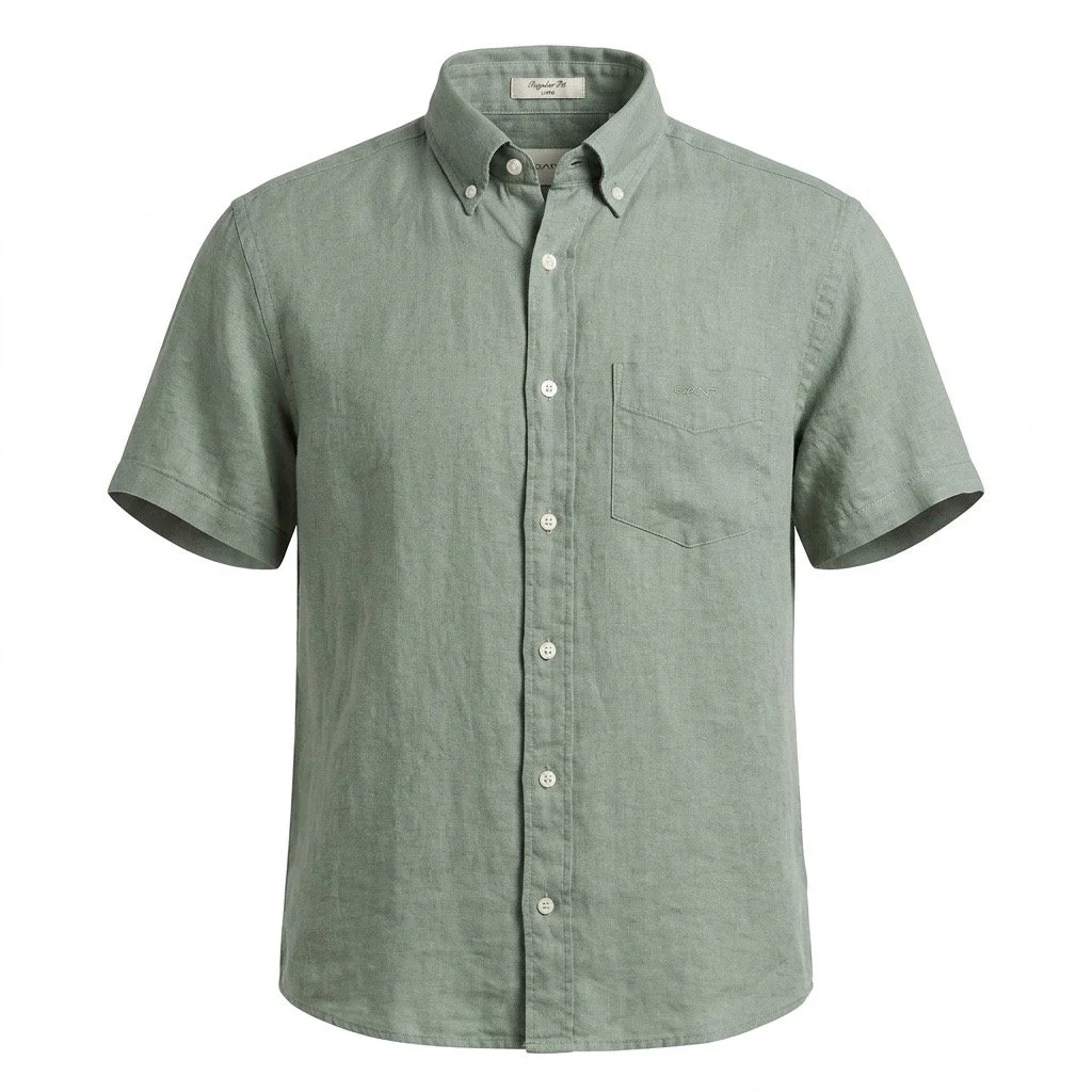 Flat View of GANT Linen Short Sleeve Shirt in Soft Green