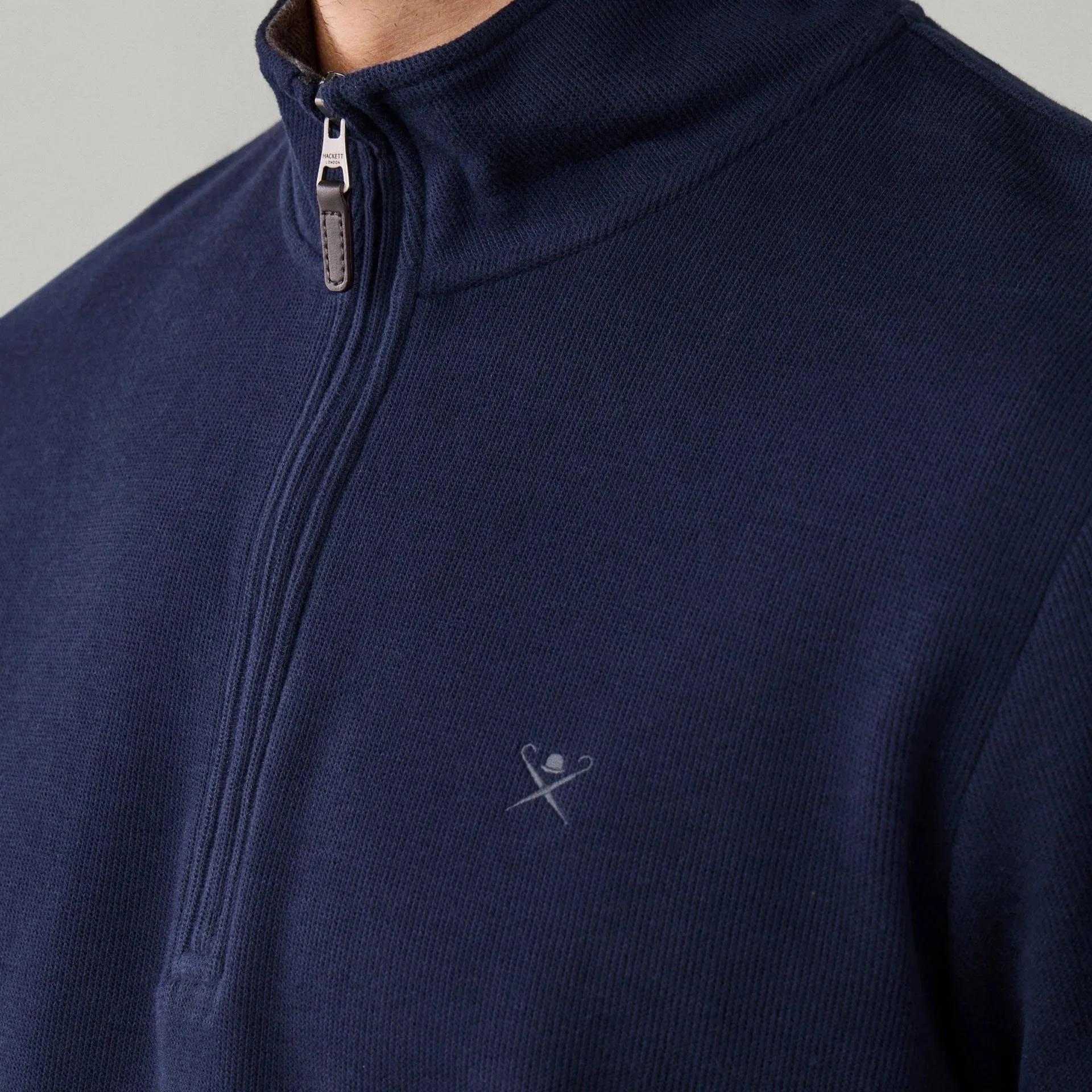 Close View of Model in Hackett Half Zip Sweatshirt in Navy