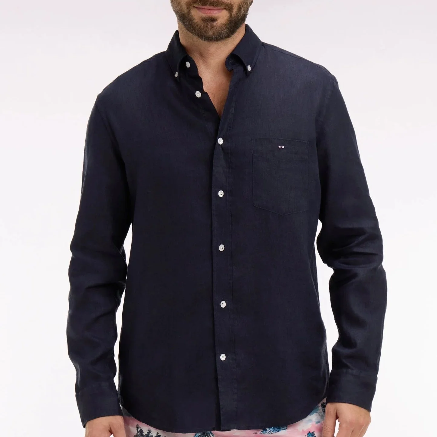 Model View of Eden Park Linen Sleeve Shirt in Navy