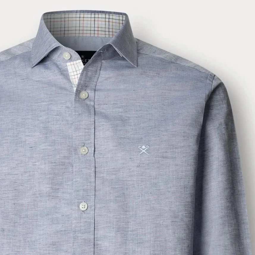Close View of Hackett Slim Fit Cotton and Linen Shirt in Blue