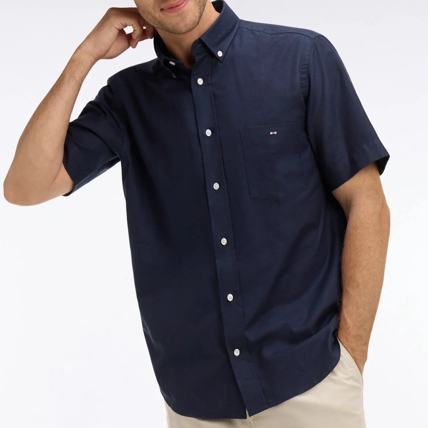 Model View of Eden Park Texture Short Sleeve Shirt in Navy