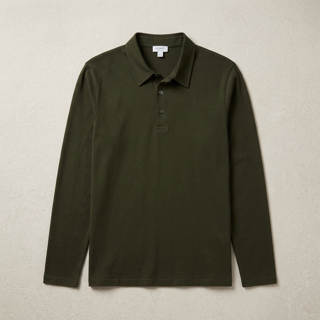 Flat View of Sunspel Luxury Long Sleeve Jersey Polo in Anthracite Green | Westdaw Menswear