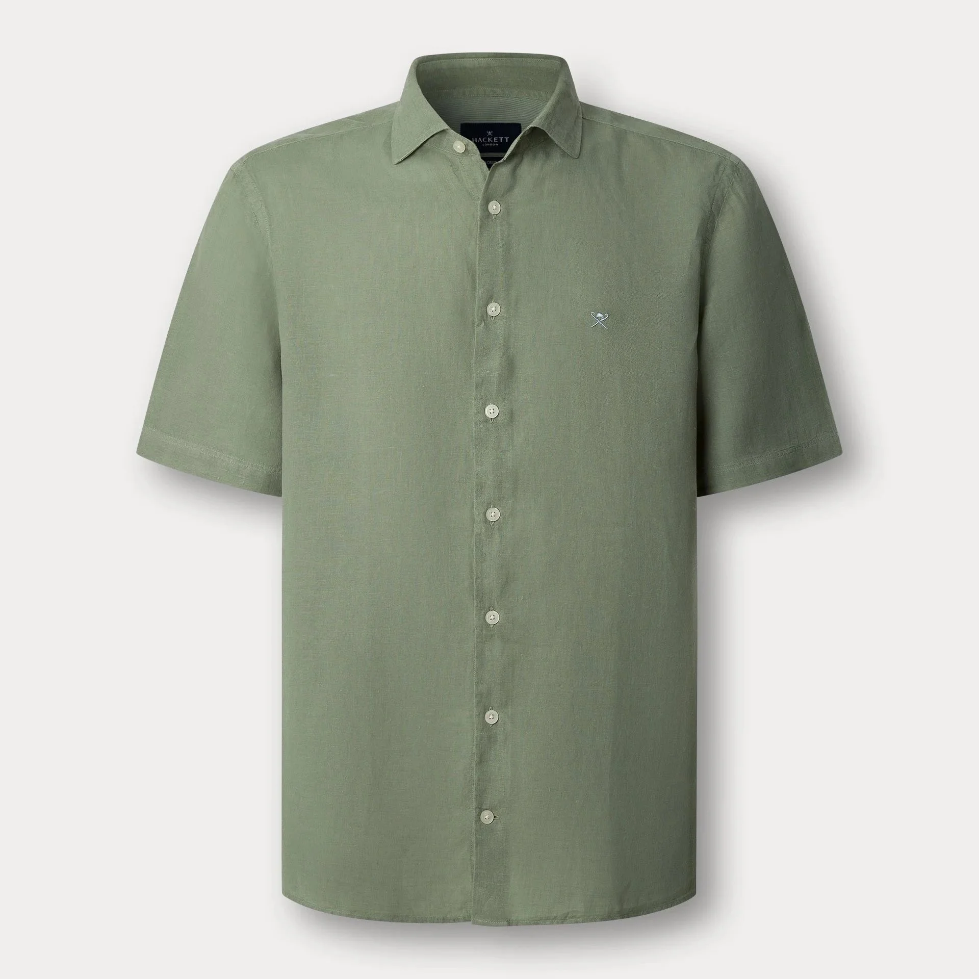 Flat View of Hackett Slim Fit Linen Short Sleeve Shirt in Green