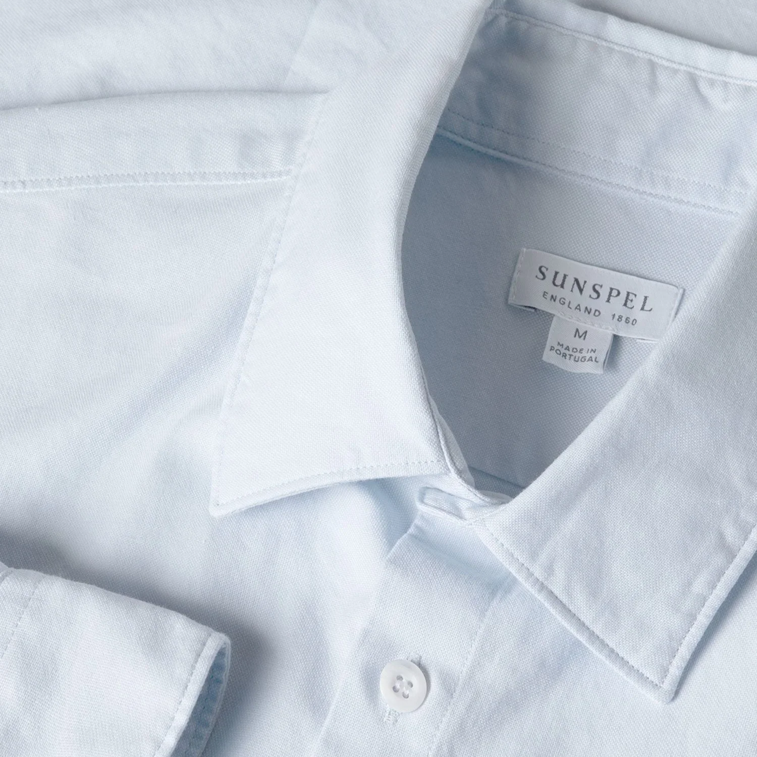 Close View of Sunspel Luxury Oxford Shirt in Light Blue