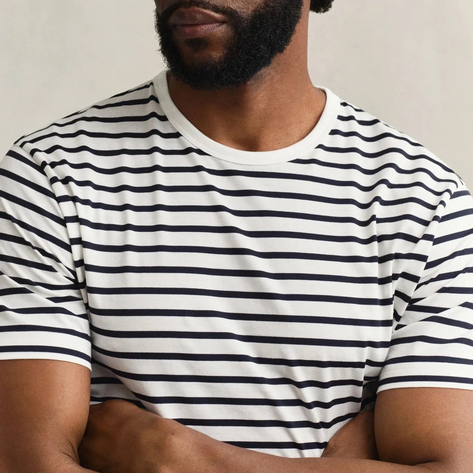 Close View of GANT Pima Cotton Stripe T Shirt in White and Navy