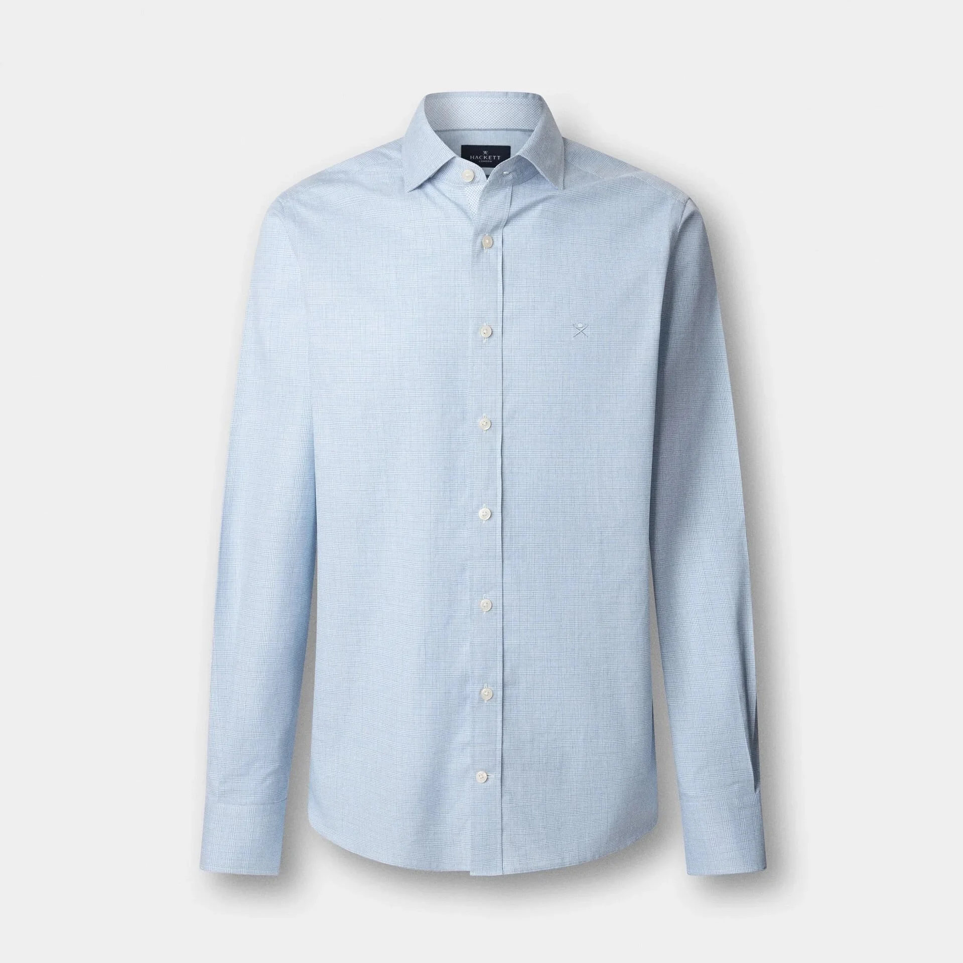 Flat View of Hackett Slim Fit Tonal Check Shirt in Light Blue