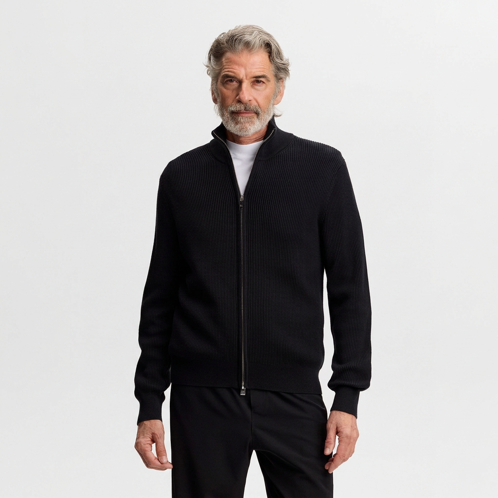 Front View of Model in J Lindeberg Alexis Full Zip Cardigan in Black