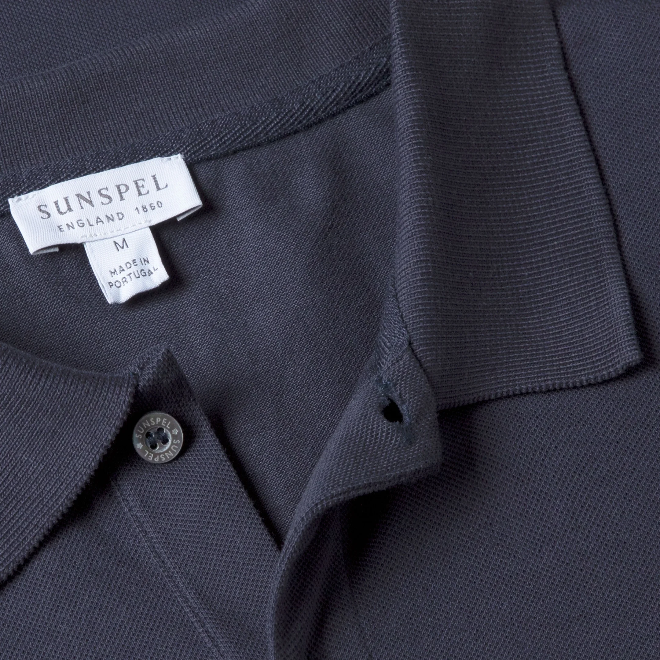 Close View of Sunspel Luxury Fine Mesh Polo in Navy