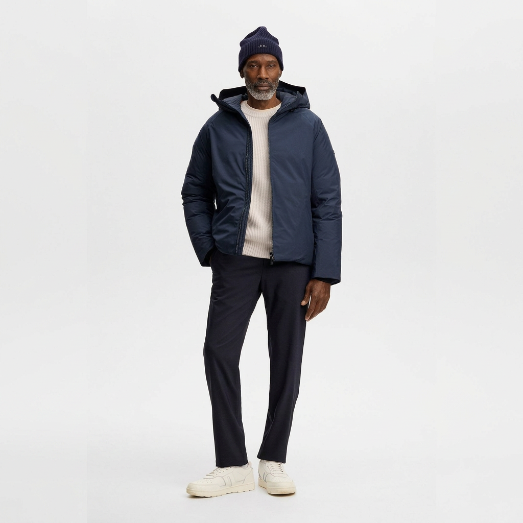 Full Length Model View of J Lindeberg Alvin Down Jacket in Navy