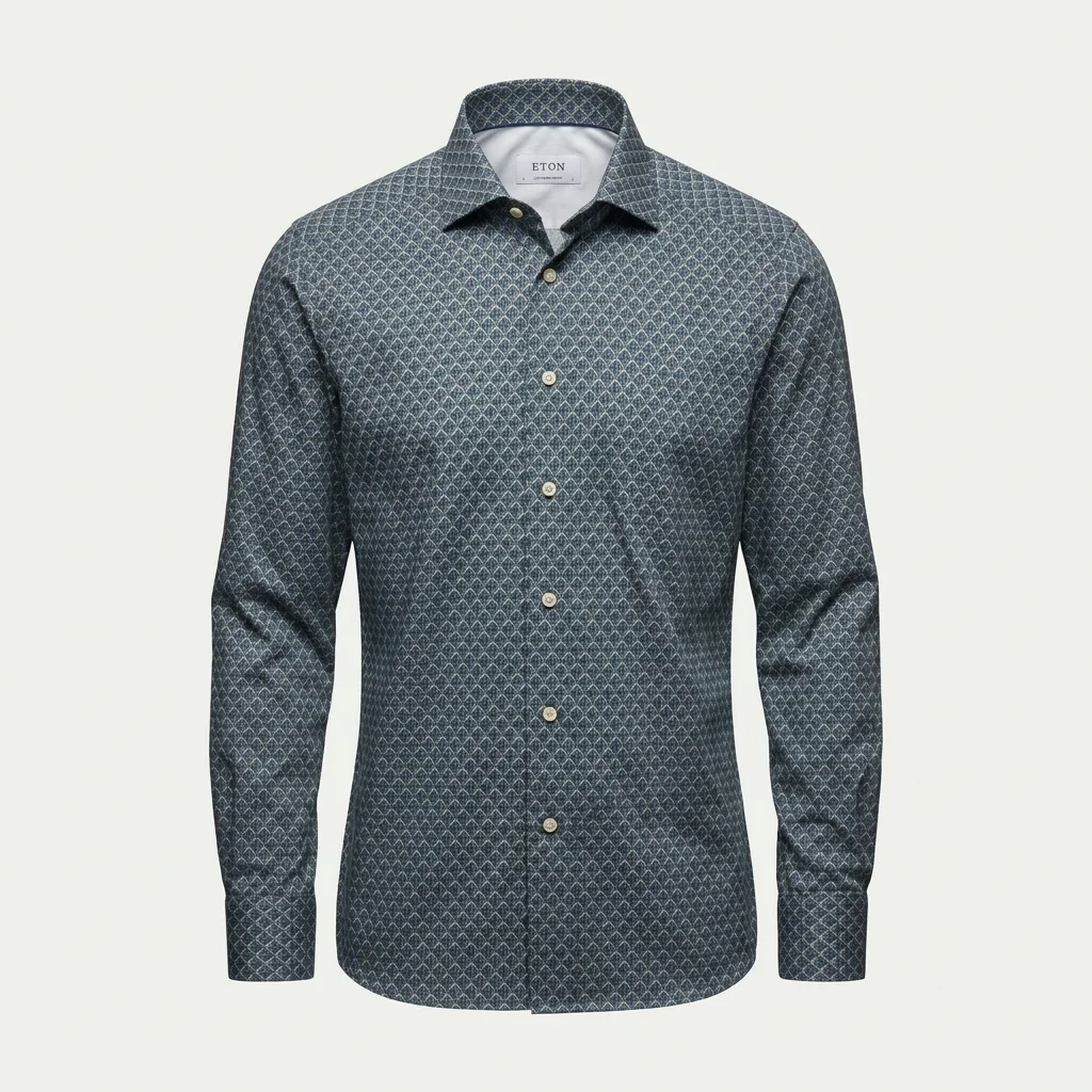 Flat View of Eton Luxury Regular Fit Geometric Signature Twill Shirt in Mid Green and Blue