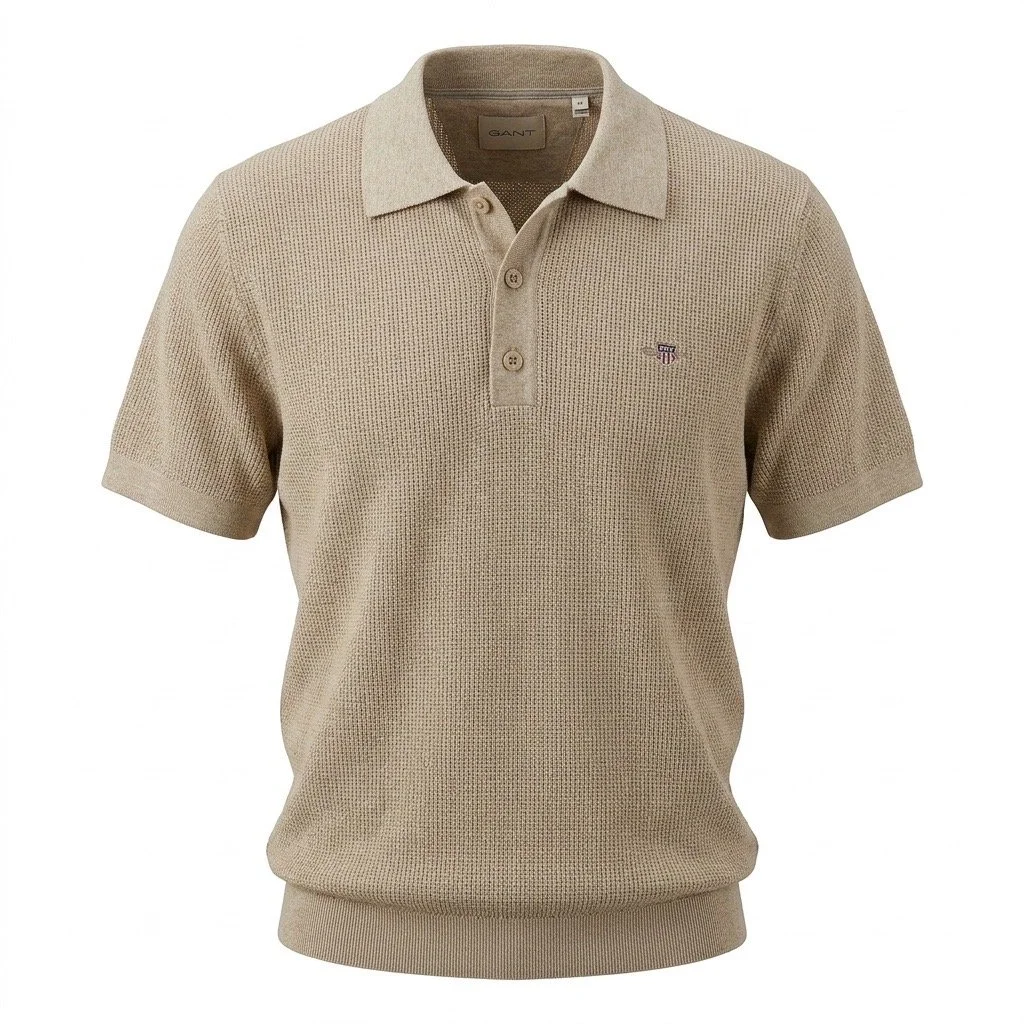 Flat View of GANT Texture Organic Cotton Mix Polo in Sand