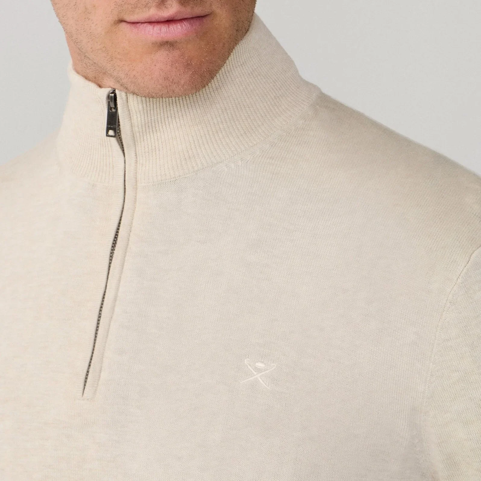 Detail View of Hackett Cotton and Silk Half Zip Jumper in Sand