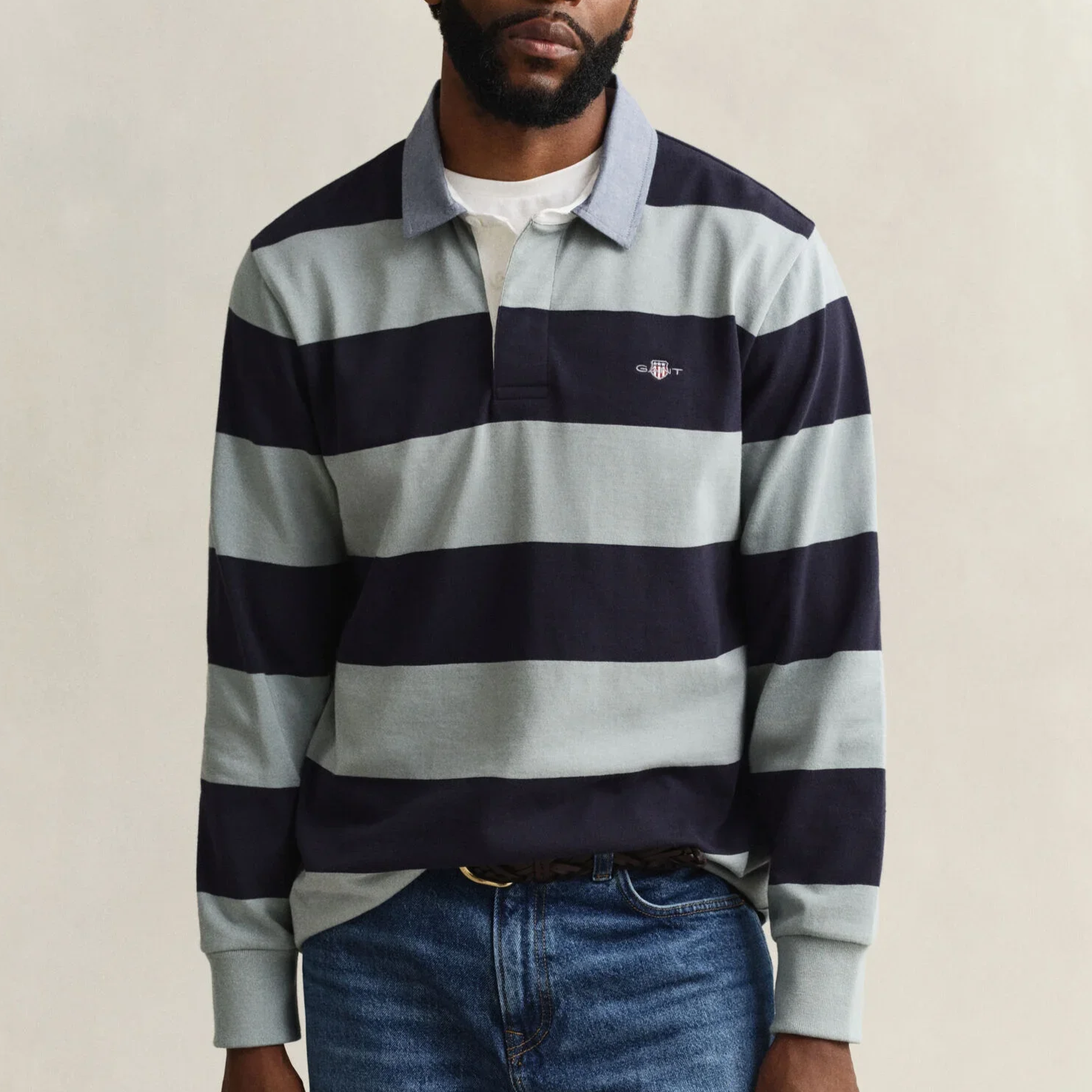 Model View of GANT Stripe Rugger Long Sleeve Polo in Navy and Soft Green