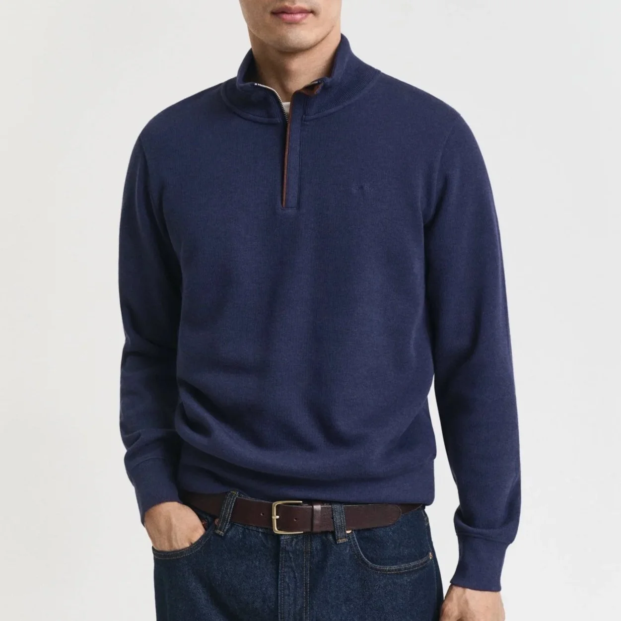 Model View of GANT Sacker Rib Half Zip Jumper in Denim Blue