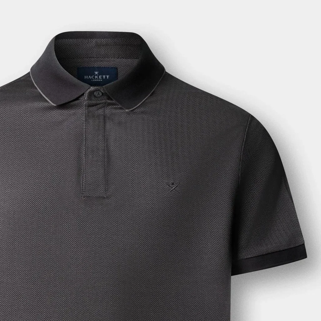 Close View of Hackett Tipped Herringbone Polo in Charcoal Grey