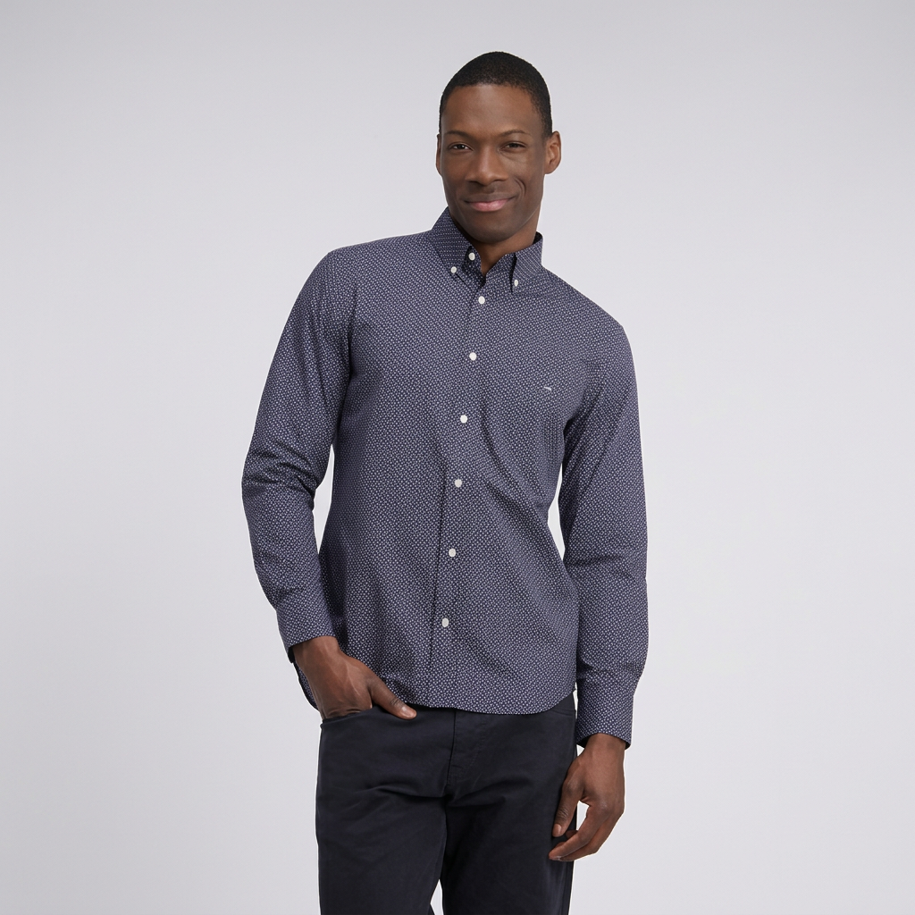 Front View of Eden Park Bow Tie Print Poplin Shirt in Navy and Pink