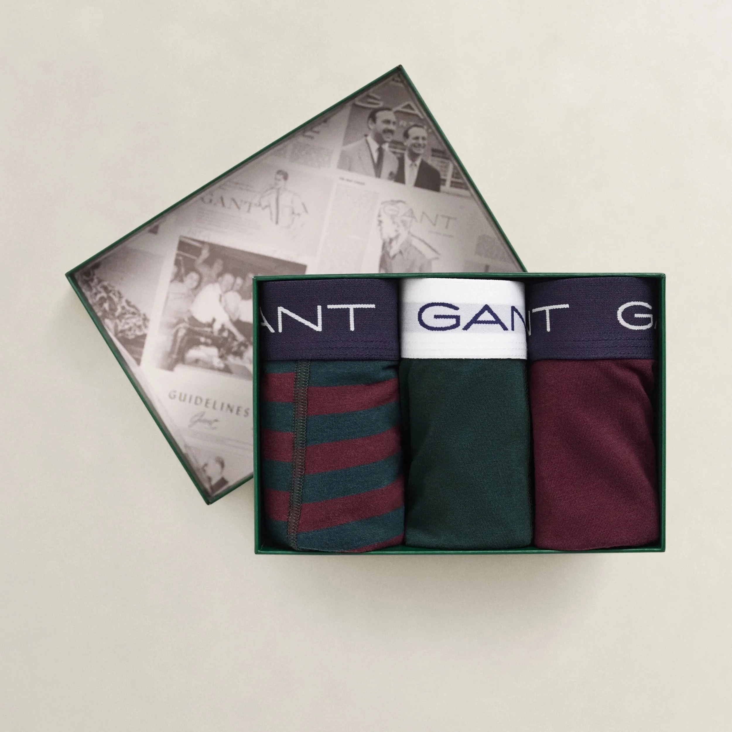 Boxed View of GANT Striped Trunk 3 Pack Gift Box in Tartan Green and Burgundy