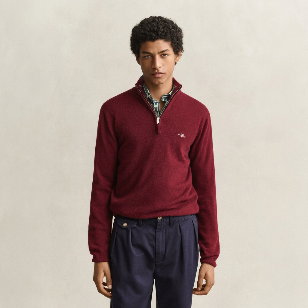 Front view of Model in GANT Superfine Lambswool Half Zip in Plumped Red
