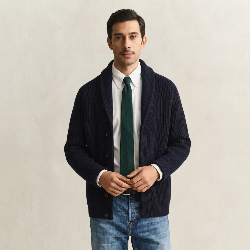 Front View of Model in GANT Ribbed Wool Blend Shawl Cardigan in Evening Blue