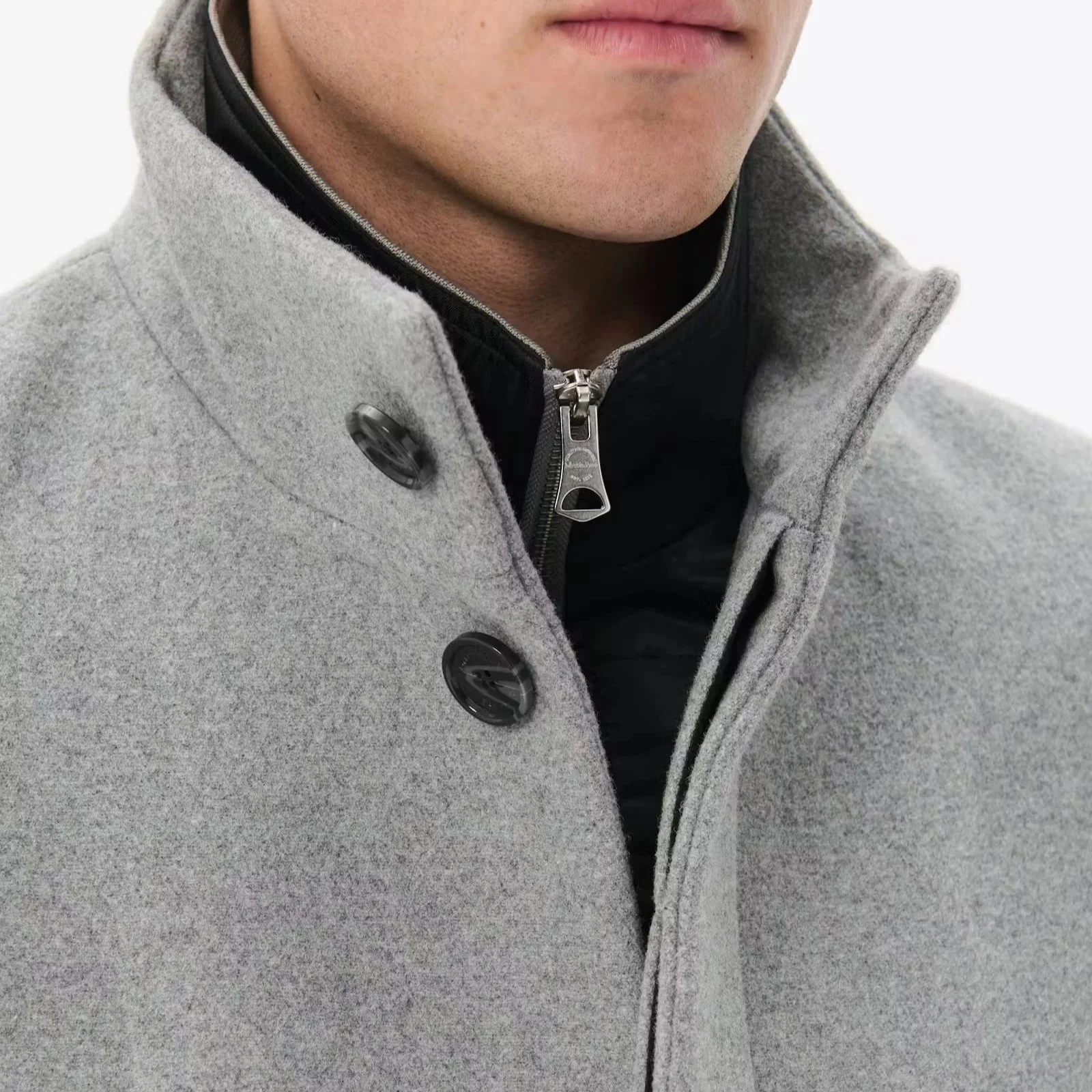 Close View of Model in Matinique Slim Fit Funnel Neck Coat in Light Grey